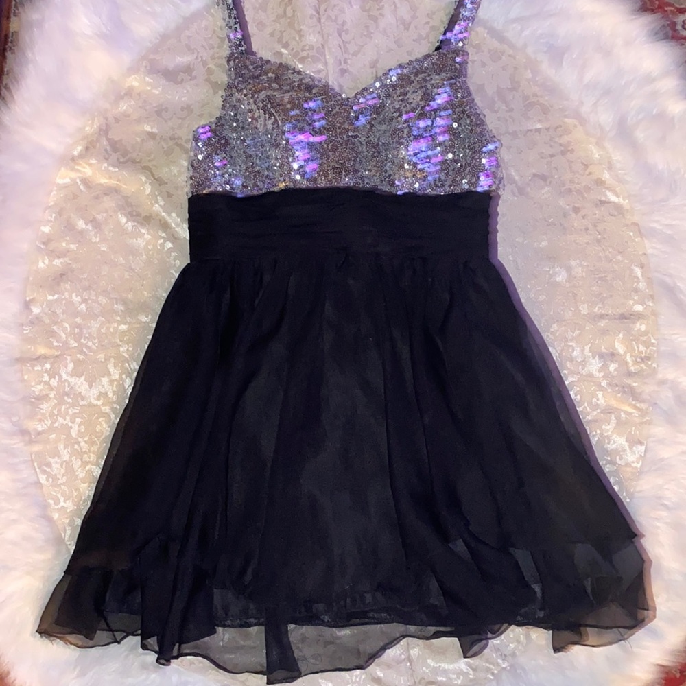 Maggie Tang Black chiffon corset silver sequin bodice dress. Size 8.